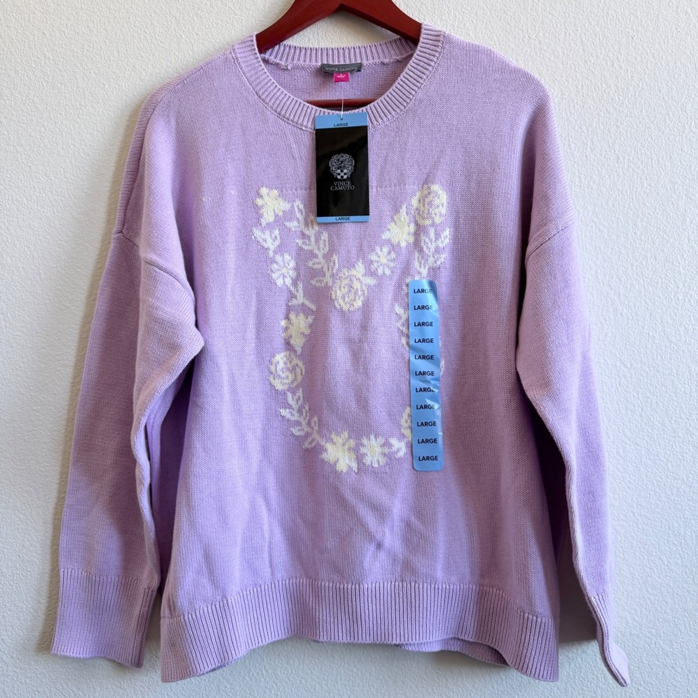 Vince Camuto Women Lilac Floral Cotton Knit Easter Sweater Large 7226201 NEW